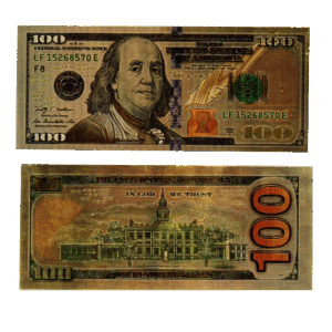 Billete Plactico Dolar Dorado Cinta Negra 15.5 x 6.5cm